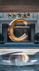 Floating metallic "C" design logo at the entrance of a seven star hotel