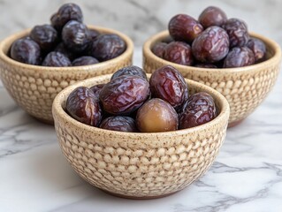 Obraz premium Three bowls full of juicy dates sit on a marble counter. Use for healthy recipes, desserts, or Ramadan-themed designs.