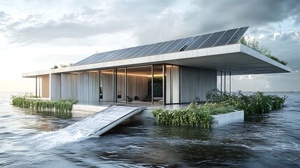 Professional concept of climate adaptive structures showcasing flood resistant foundations solar responsive facades and storm resilient materials for extreme weather zones