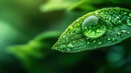 Close-up macro shot of a dewdrop on a leaf, emphasizing intricate details and reflections amidst lush greenery, producing a magnified beauty effect