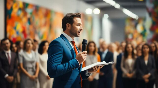 male presenter speaking into microphone, lecturer, auction, art critic, lecture, sale of paintings, performance, art, concert, stand up