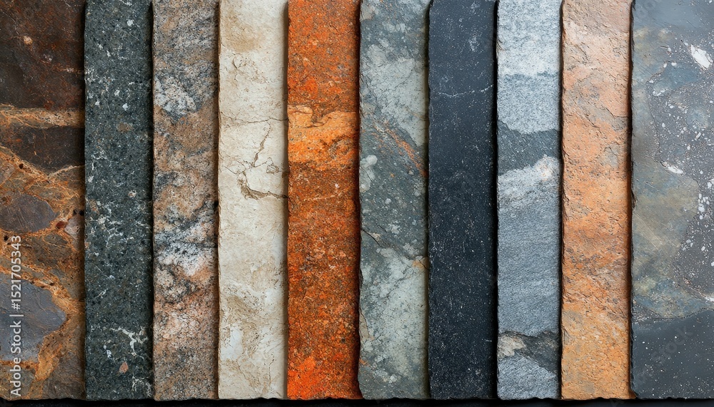 Poster colorful natural stone samples arranged in a line showcasing various textures and patterns suitable 