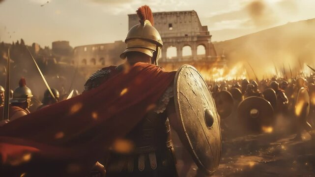 Shielded Roman knight in red cape enters chaos. Epic battle near historical coliseum. Warrior leads charge into fight. Roman army in fierce battlefield motion. Hero stands in glowing armor light.