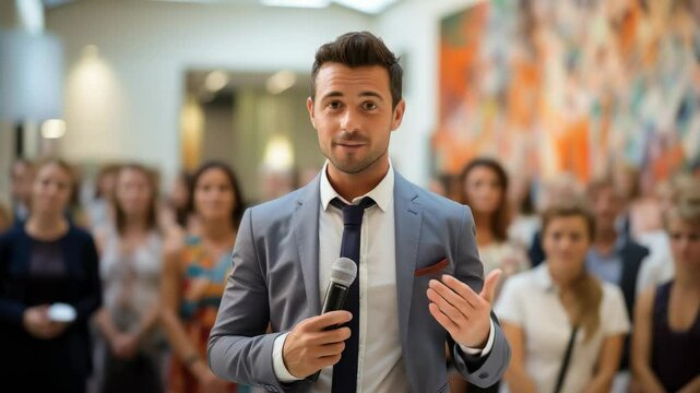 male presenter speaking into microphone, lecturer, auction, art critic, lecture, sale of paintings, performance, art, concert, stand up