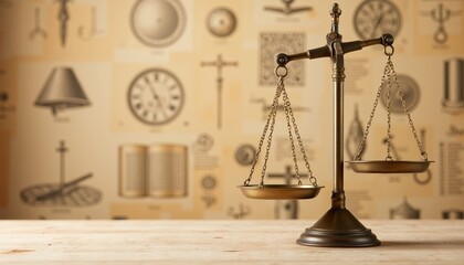 Antique brass scales on wooden table with historical symbols background