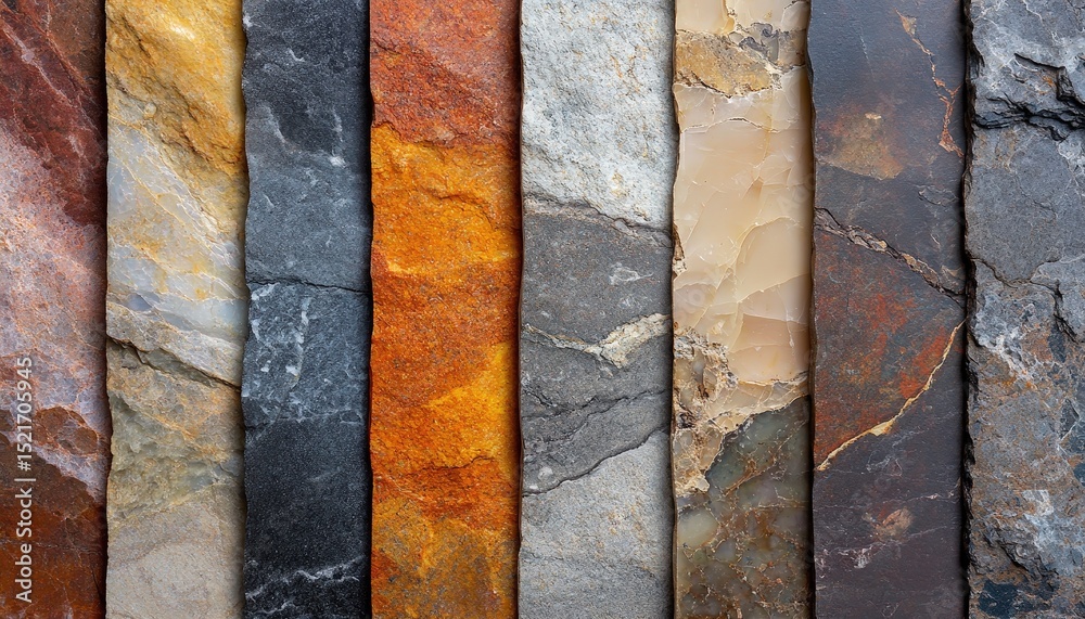 Poster colorful natural stone samples arranged in a line showcasing various textures and patterns suitable 
