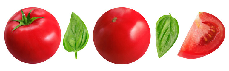 Collection of tomatoes and basil leaves on isolated white background. Tomatoes whole and slice.