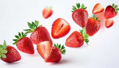 Strawberries and Sliced Strawberries Flying in the Air – Isolated on White Background