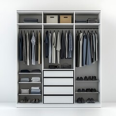 Organized wardrobe interior showcasing clothing, shoes, and storage solutions.