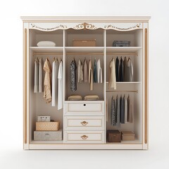 Elegant wardrobe: white and gold frame, storage for clothes and accessories