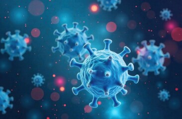 Blue virus cells floating in a dark background filled with colorful bokeh lights, representing microscopic view of pathogens and their impact on health and society