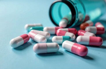 Colorful capsules spilled from a transparent bottle on a blue surface, showcasing various shapes and sizes, representing medication and health care concepts in a vibrant setting