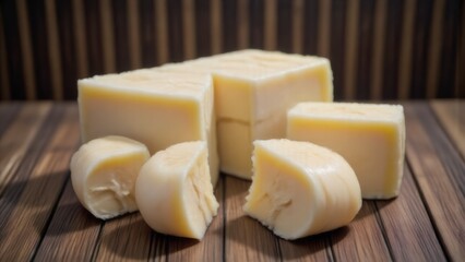 Cheese Platter: Cubes and Slices of Fresh Cheese on Wooden Board