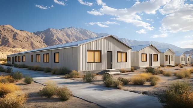 Professional illustration of modular building systems designed for rapid deployment in disaster relief emphasizing scalability durability and affordability