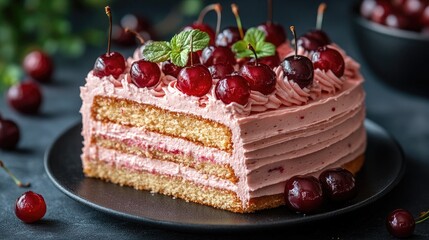 Delicious cherry cake with pink frosting and fresh mint leaves. Use this image for your bakery, food blog, or recipe website design.