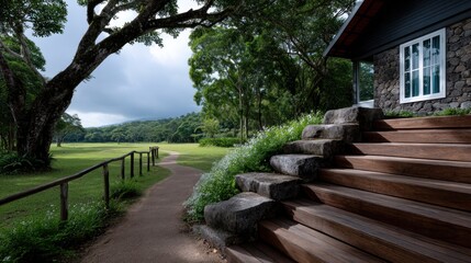 Obraz premium Rustic wooden steps leading to a tranquil country house, with a pathway through lush greenery