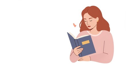 Trans woman reading a book with a gentle expression against white background  