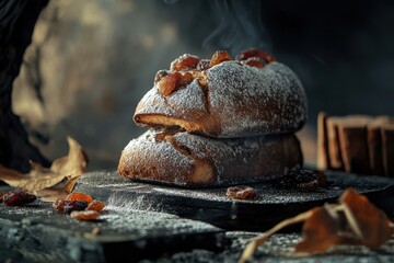 Obraz premium Bread with dried fruits and powdered sugar, Sliced bread topped with dried fruits and a dusting of powdered sugar, presented on a wooden cutting board