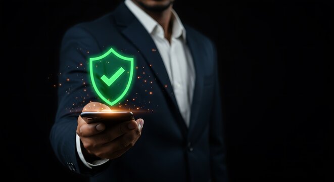 Businessperson holding smartphone showing digital security shield and checkmark validation symbol
