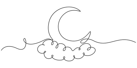 Watercolor hand drawing picture - cloud,moon and star.Good as world sleep day concept, One continuous line drawing of Moon with cloud and stars. Sweet dream concept for nursery in simple linear style.