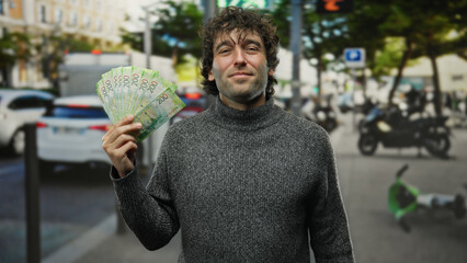 Hispanic man standing on city street outdoors holding russian roubles showing wealth in urban...