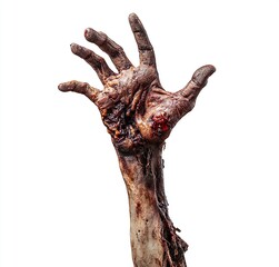Fototapeta premium A highly detailed, realistic image of a severed zombie hand reaching upwards, covered in blood and decaying flesh, set against a plain white background.