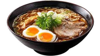 Steaming bowl of ramen with pork, eggs, and green onions on transparent background
