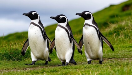 Fototapeta premium Three penguins walk gracefully across green grass under a cloudy sky on a coastal landscape
