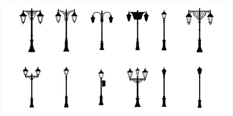 street lamp icon set vector silhouette on white background.