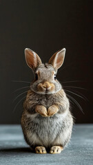 Cute rabbit standing upright with expressive whiskers and fluffy fur in a soft-lit indoor setting