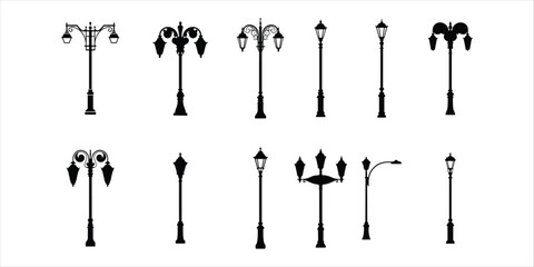 street lamp icon set vector silhouette on white background.