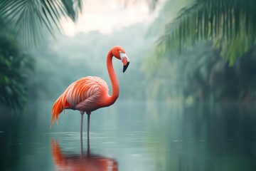 Fototapeta premium Bright pink flamingo stands tall in a serene lake, A bright pink flamingo stands gracefully in a calm lake, surrounded by tranquil water and soft reflections