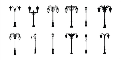 street lamp icon set vector silhouette on white background.