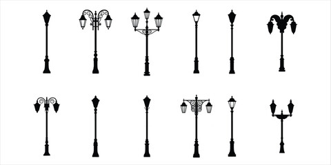 street lamp icon set vector silhouette on white background.