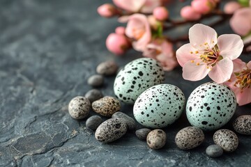 Obraz premium Speckled eggs and pink cherry blossoms lay on a dark, textured surface. Perfect for spring, Easter, or nature related design projects.