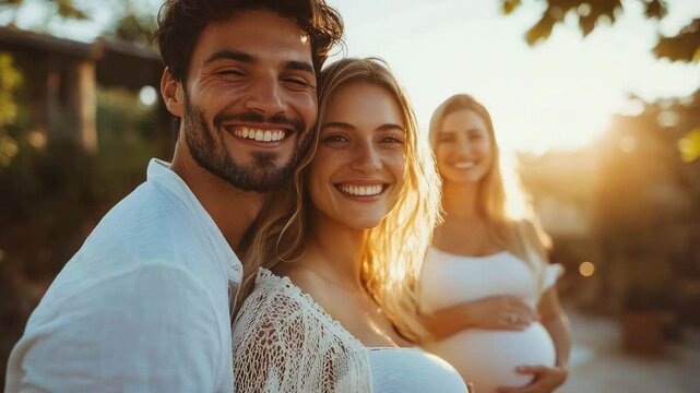 happy smiling couple in foreground, pregnant woman surrogate mother with big belly in background, surrogacy, pregnancy, motherhood, man, woman, future parents, family, expecting baby