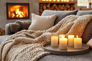 Cozy Living Room with Warm Fireplace and Candles