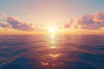 Obraz premium Calm sea with striped sunset sky, Serene sea under a striped sunset sky, blending warm hues of orange, pink, and purple across the horizon