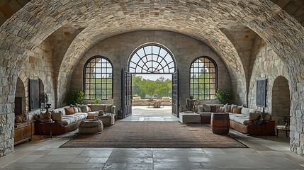 Fototapeta premium Romanesque architecture inspired design featuring heavy stone walls rounded arches and barrel vaulted ceilings in a grand historical setting