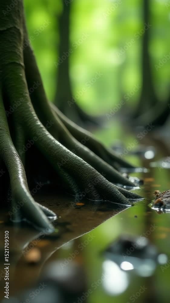Poster a detailed view of tree roots submerged in water, suitable for use in environmental or scientific co