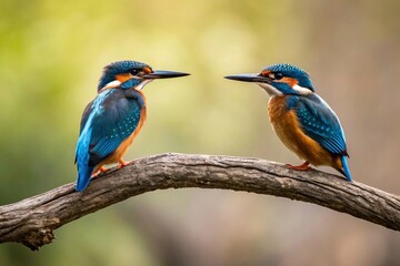 Fototapeta premium Two Kingfisher (Alcedo atthis) sitting on a branch