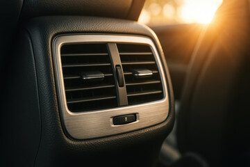 Close up of modern car air conditioning vent with sunlight shining through vehicle interior in warm golden hour