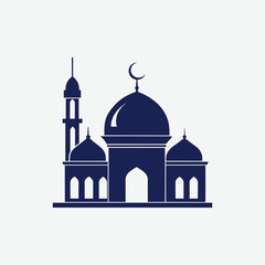 Explore this minimalist mosque silhouette in solid dark blue, featuring a central dome, crescent moon, elegant minaret, and arched doorway.