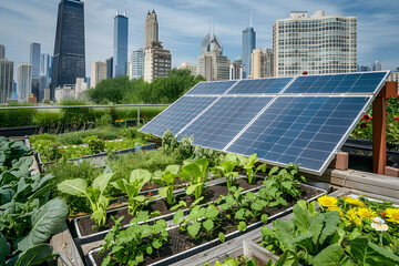 Fototapeta premium Rooftop garden with vegetables and solar panels u