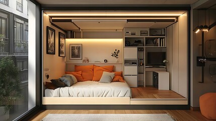 Scholarly illustration of space optimization strategies for micro apartments highlighting retractable furniture multi purpose zones and smart storage solutions