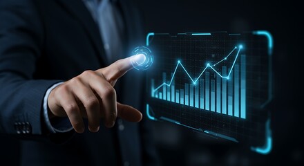Business professional interacting with futuristic financial growth chart interface visualization