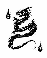 Dragon illustration in sharp black ink style, perfect for tattoo designs, dark art projects, or mystic fantasy visuals element 