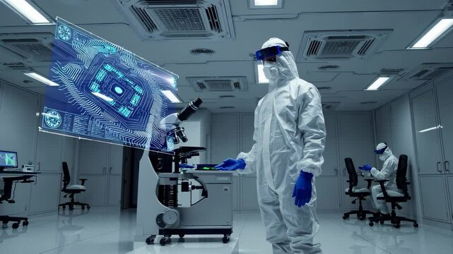 Scientist in lab interacts hologram interface. Researcher in technology suit analyzes microchip data. Technician operates innovation interface engineer lab microchip and hologram technology system.