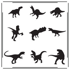 Black dinosaur silhouettes set – collection of prehistoric reptiles in various poses, vector illustrations isolated on white

