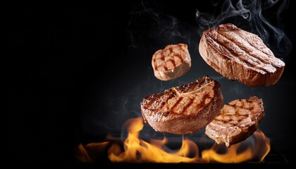 Flying Beef Minced Hamburger Pieces Above Grill Flames – Isolated on Black Background